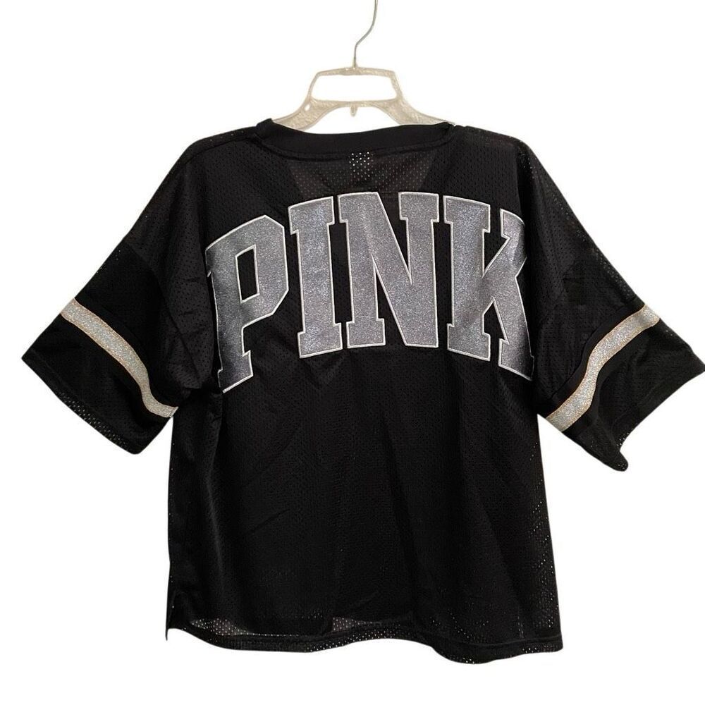 VS PINK Black Mesh Varsity Shirt Women’s‎ S Oversized Football Jersey Glitter